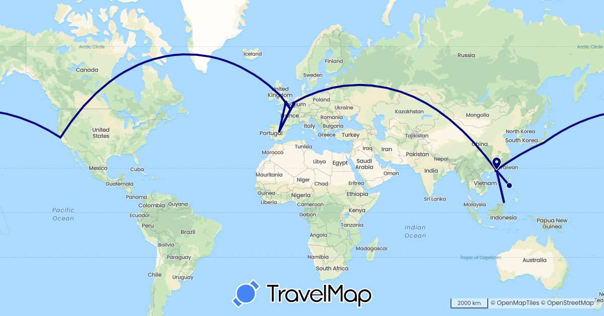 TravelMap itinerary: driving in Belgium, China, Spain, France, United Kingdom, Japan, Macau, Malaysia, Philippines, United States (Asia, Europe, North America)